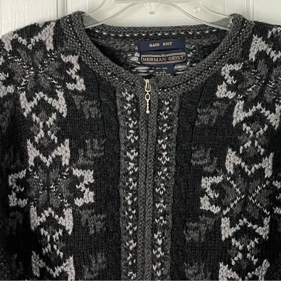 Herman Geist Hand Knit 100% Wool Zippered Cabincore Sweater Cardigan Size Large - Picture 2 of 13